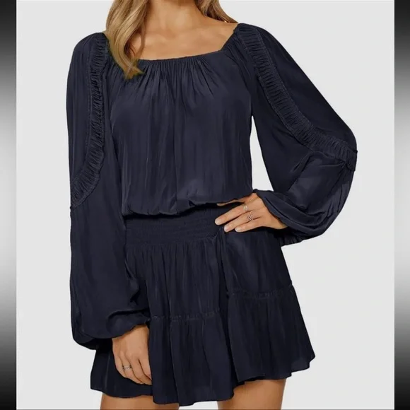 Ramy Brook | Dresses | Ramy Brook Nwt Long Sleeve Smocked Waist Silvy Mini  Dress Navy Blue Size L | Poshmark